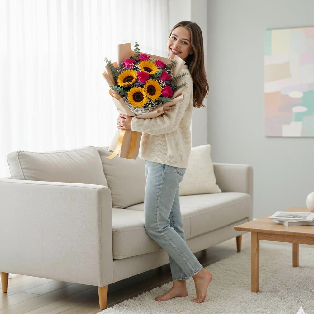 Graduation Roses & Sunflowers Bouquet held by a model, view 2