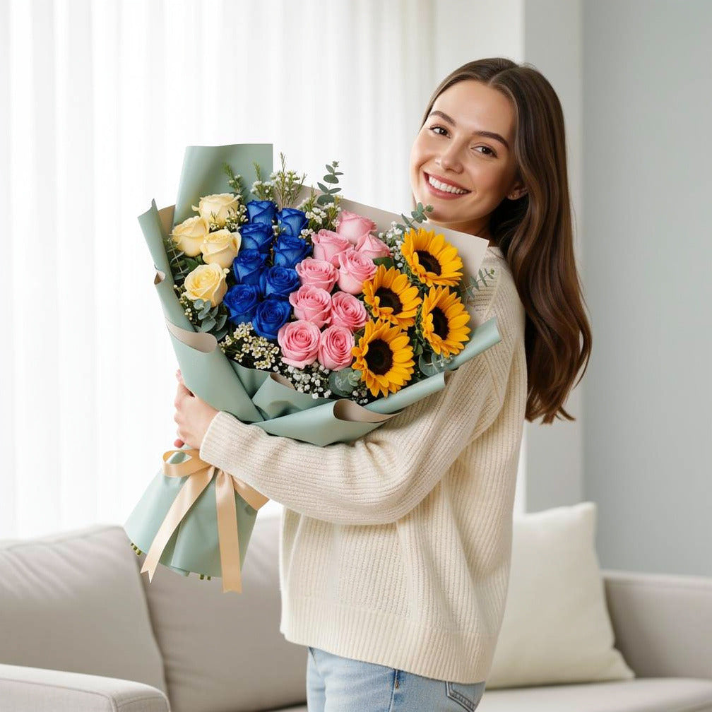 Grand Eid Bouquet of Mixed Roses & Sunflowers held by a model, view 1
