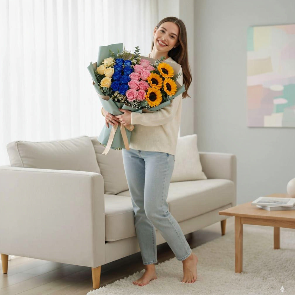 Grand Eid Bouquet of Mixed Roses & Sunflowers held by a model, view 2
