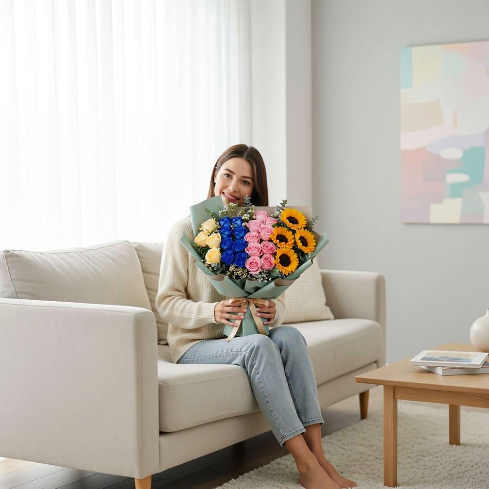 Grand Eid Bouquet of Mixed Roses & Sunflowers held by a model, view 3