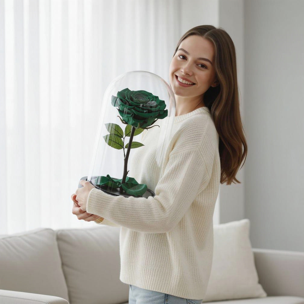 Green Medium Preserved Rose held by a model, view 1