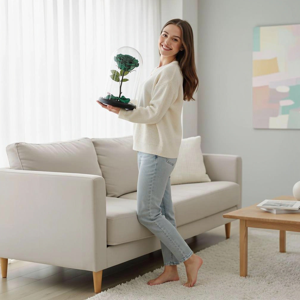Green Medium Preserved Rose held by a model, view 2