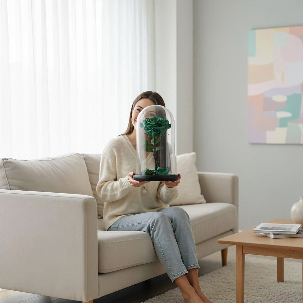 Green Medium Preserved Rose held by a model, view 3