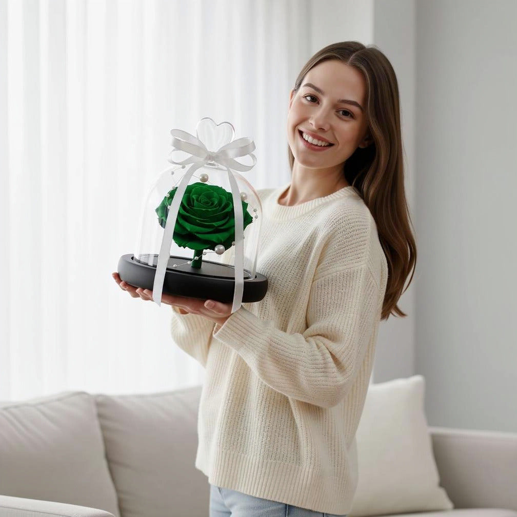 Green Small Preserved Rose held by a model, view 1