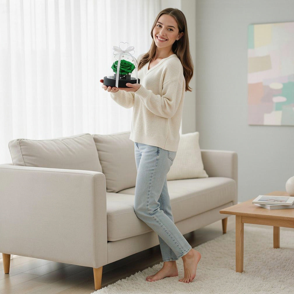 Green Small Preserved Rose held by a model, view 2