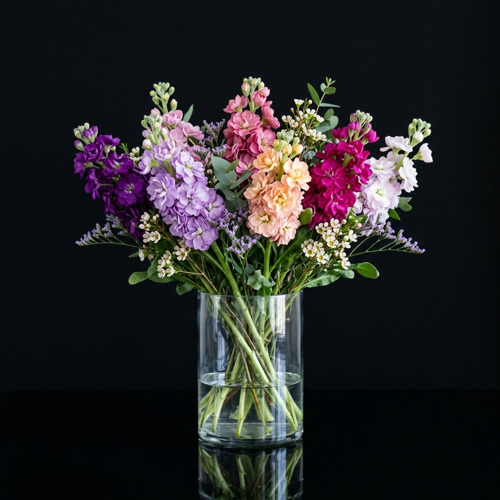 Elegant Cylindrical Vase with 7 Multicolor Matthiola bloomsandbeansae