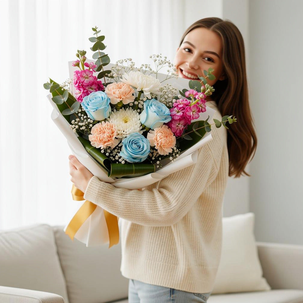 Light Blue Roses & Mixed Florals Bouquet for Anniversary held by a model, view 1
