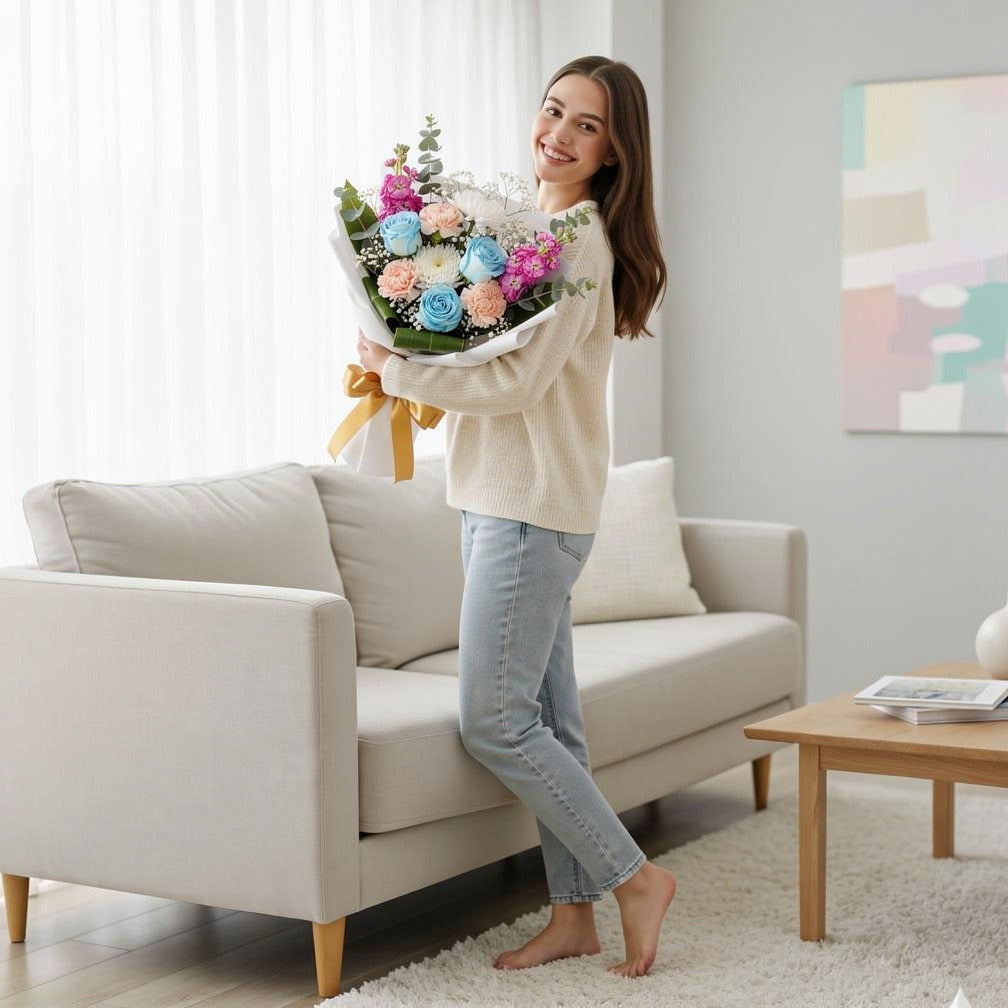 Light Blue Roses & Mixed Florals Bouquet for Anniversary held by a model, view 2