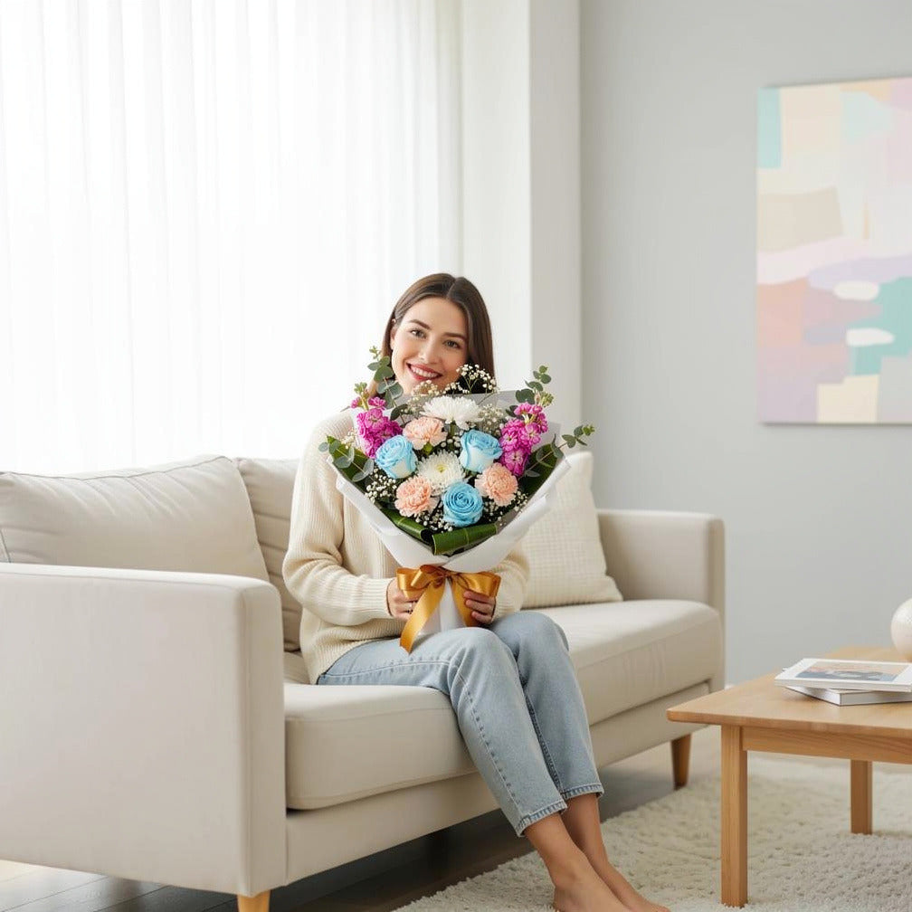 Light Blue Roses & Mixed Florals Bouquet for Anniversary held by a model, view 3