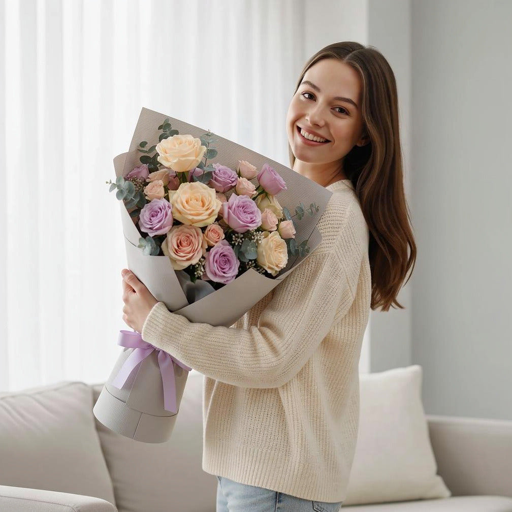Love Message Cake & Flower Bouquet Combo held by a model, view 1