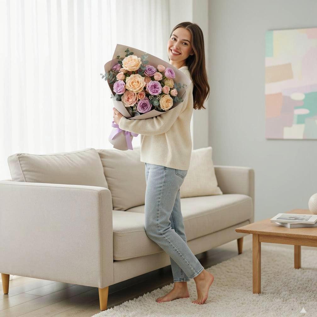 Love Message Cake & Flower Bouquet Combo held by a model, view 2