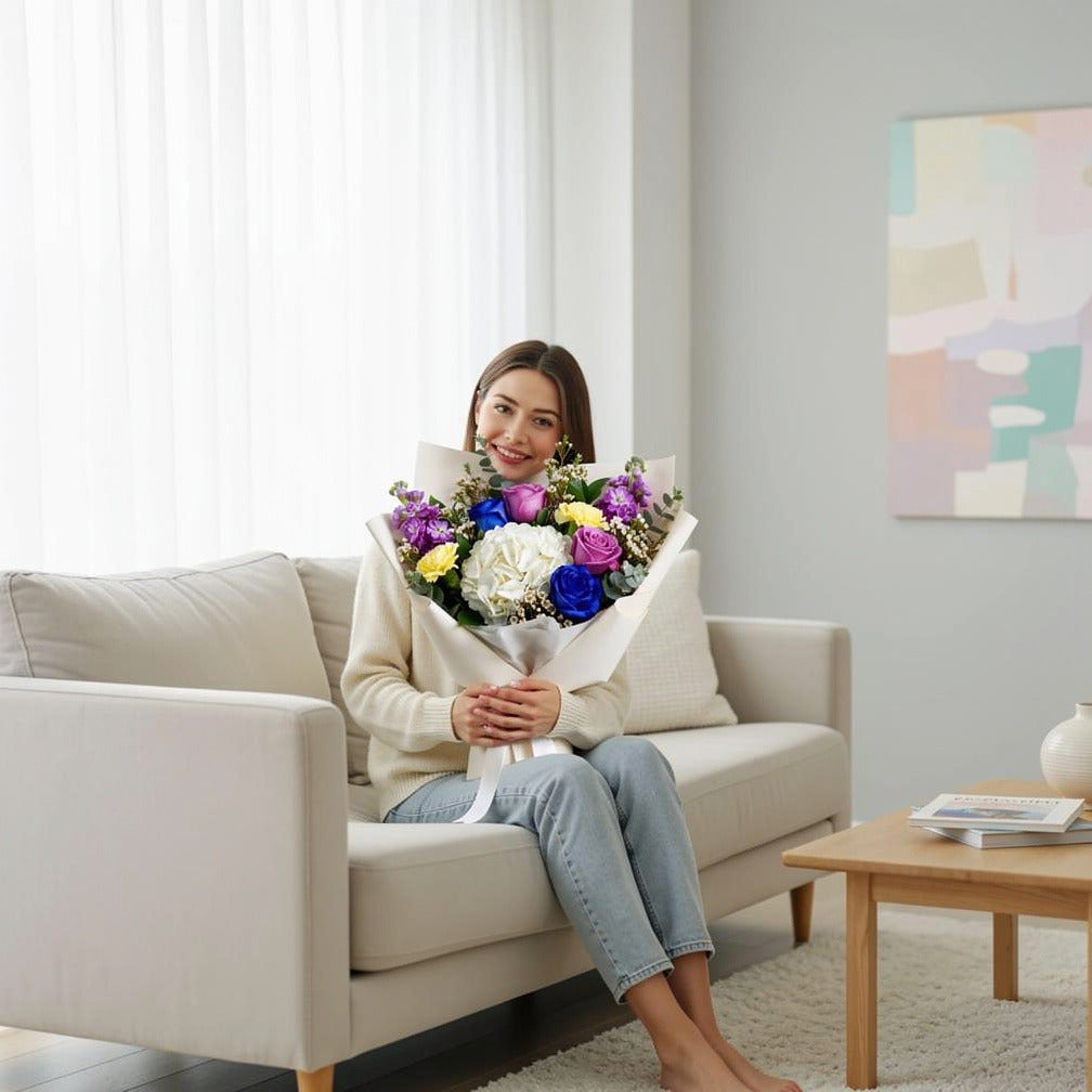 Luxe Bouquet of Purple, Blue Roses & Hydrangea held by a model, view 3