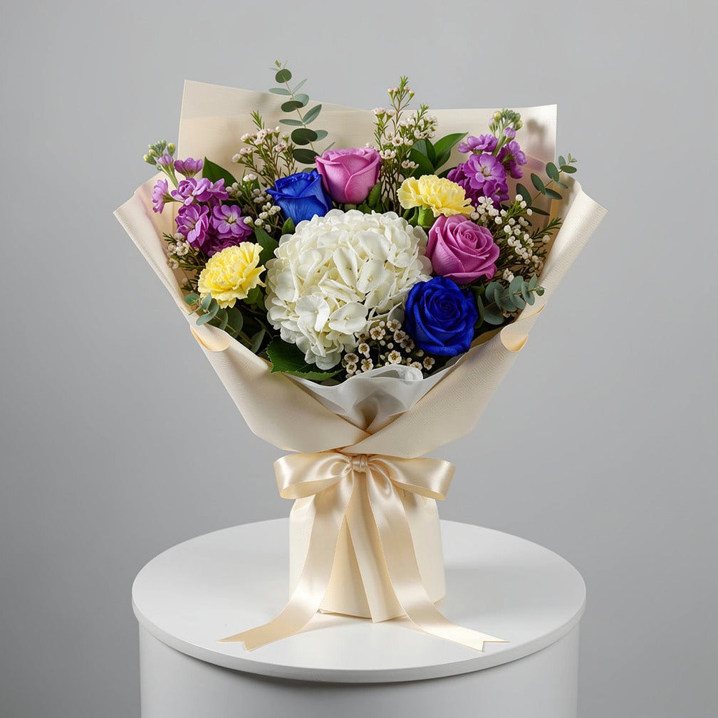 Luxe Bouquet of Purple, Blue Roses & Hydrangea