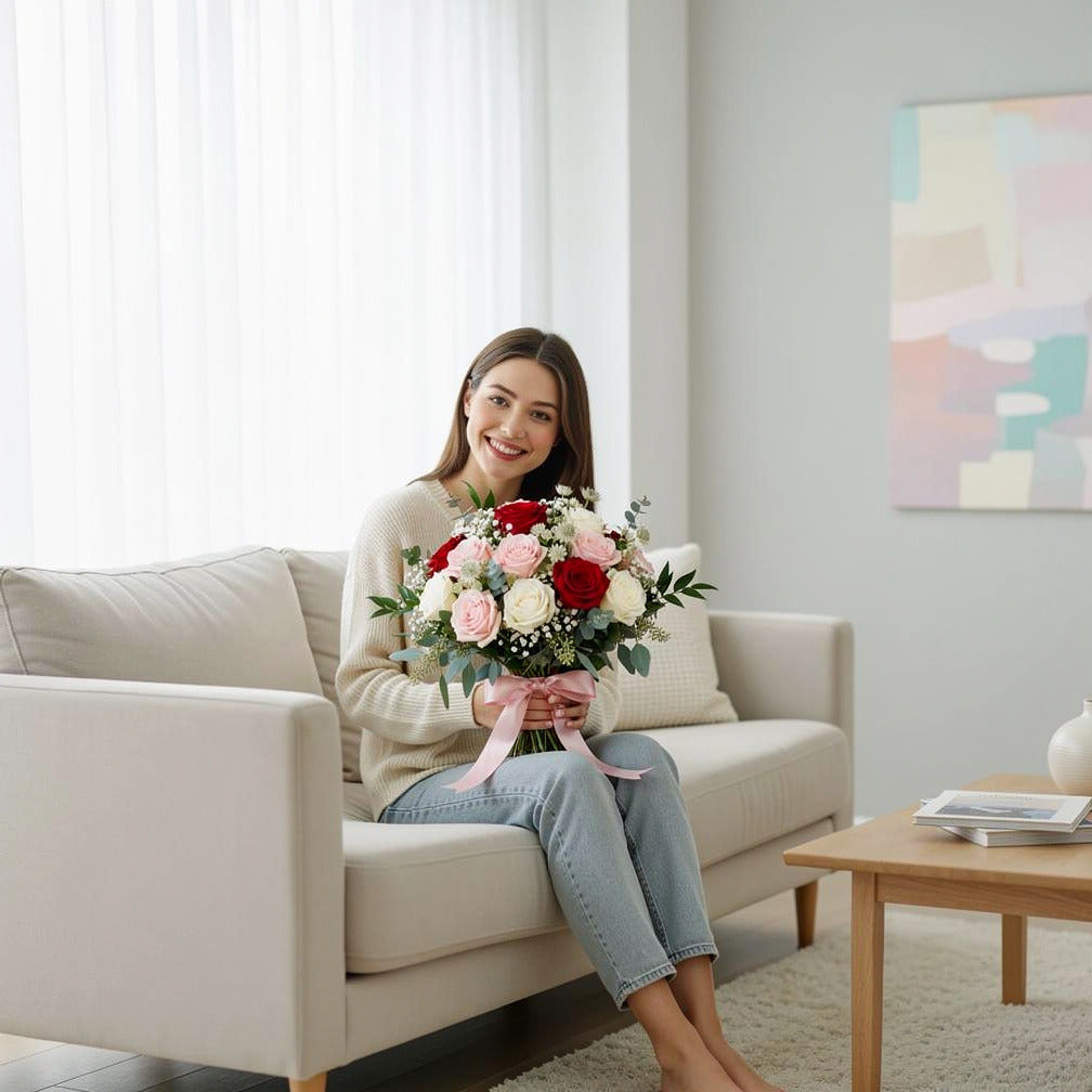 Luxurious Bridal Bouquet of Red, White & Pink Roses held by a model, view 3