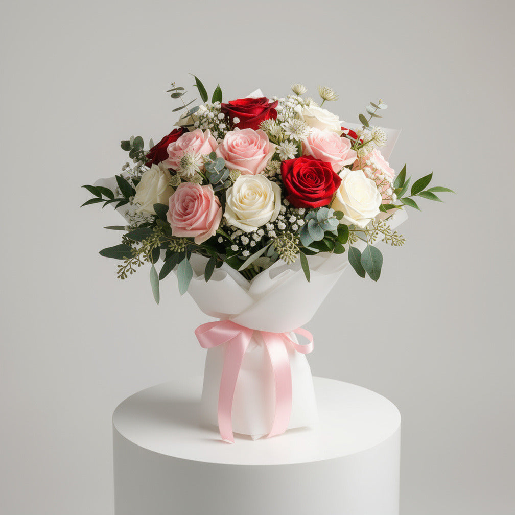 Luxurious Bridal Bouquet of Red, White & Pink Roses