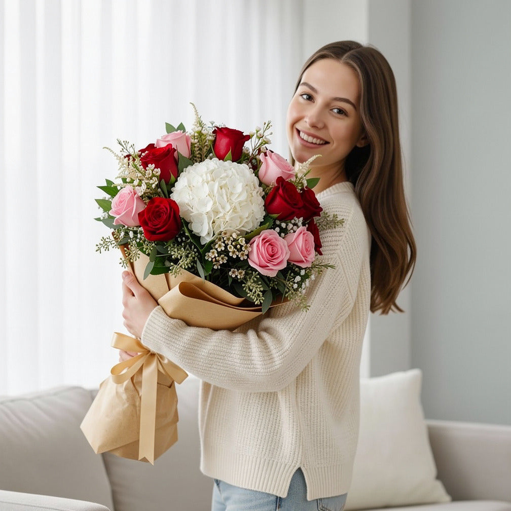 Luxurious Bridal Bouquet of White Hydrangea, Pink & Red Roses held by a model, view 1