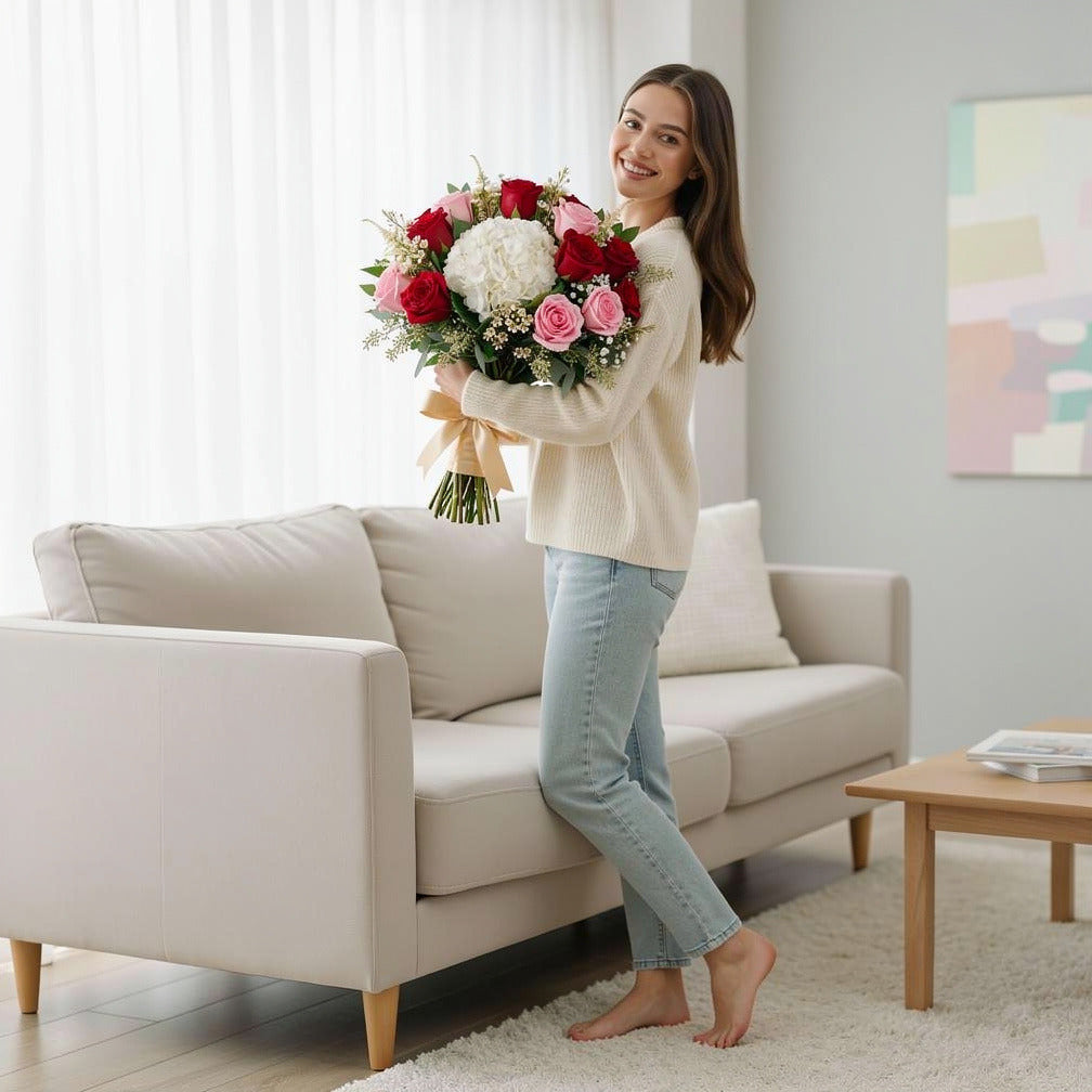 Luxurious Bridal Bouquet of White Hydrangea, Pink & Red Roses held by a model, view 2