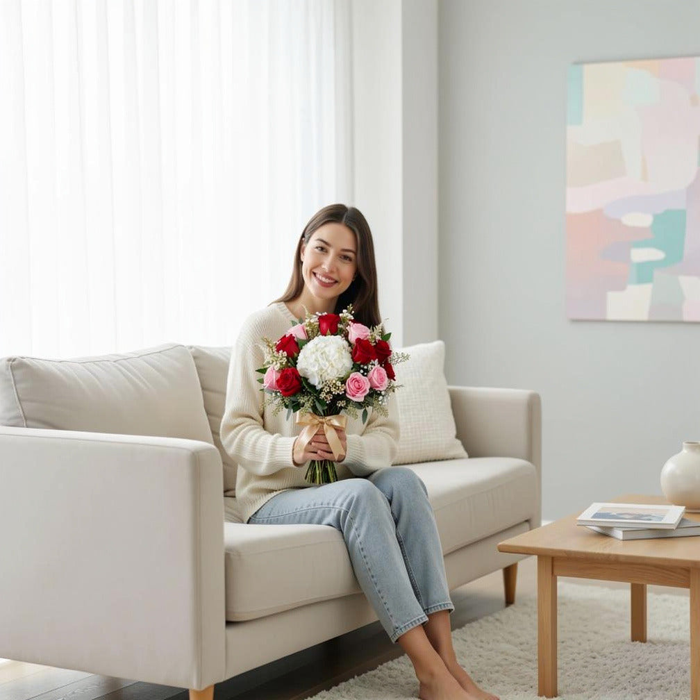 Luxurious Bridal Bouquet of White Hydrangea, Pink & Red Roses held by a model, view 3