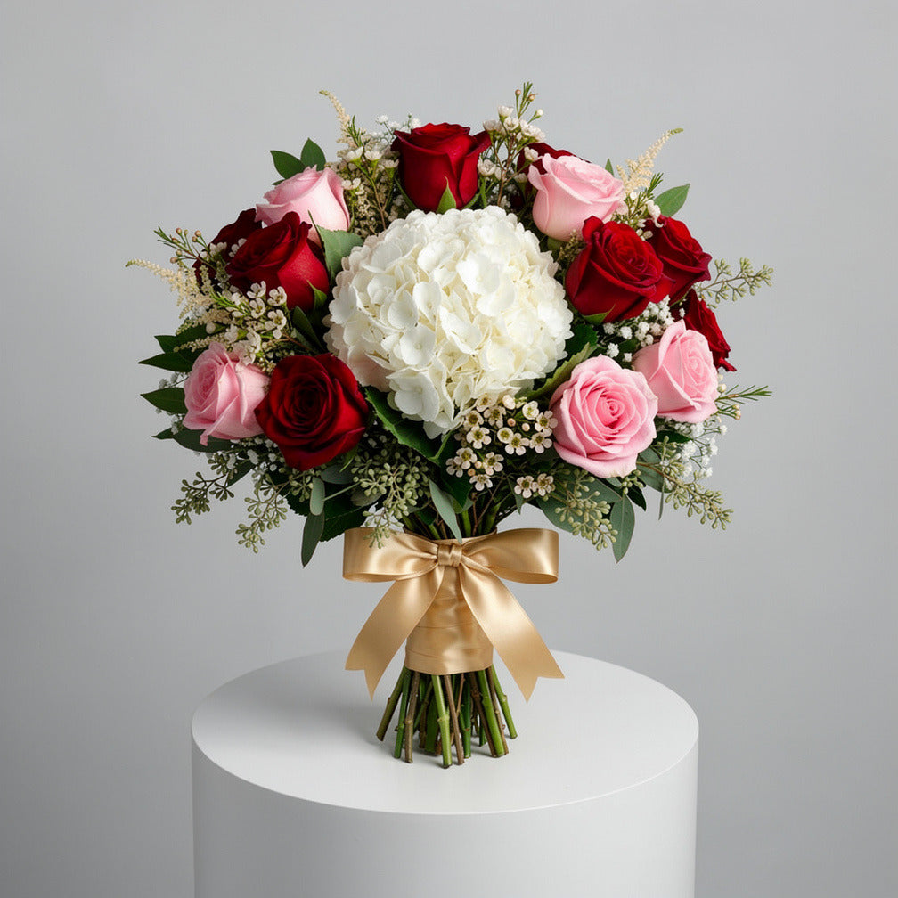 Luxurious Bridal Bouquet of White Hydrangea, Pink & Red Roses