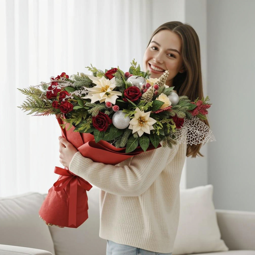 Luxury Festive Centerpiece Christmas Table Arrangement held by a model, view 1