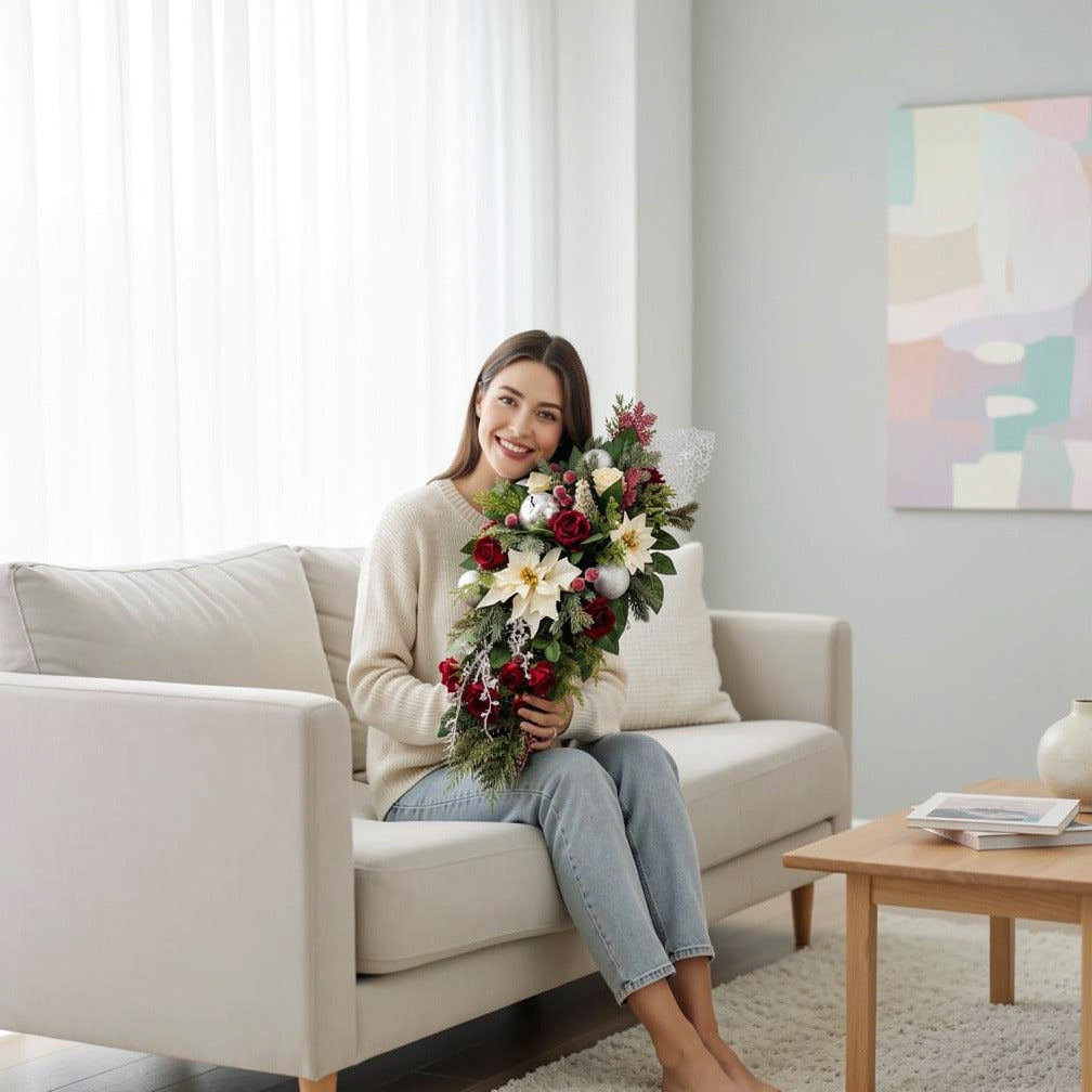 Luxury Festive Centerpiece Christmas Table Arrangement held by a model, view 3