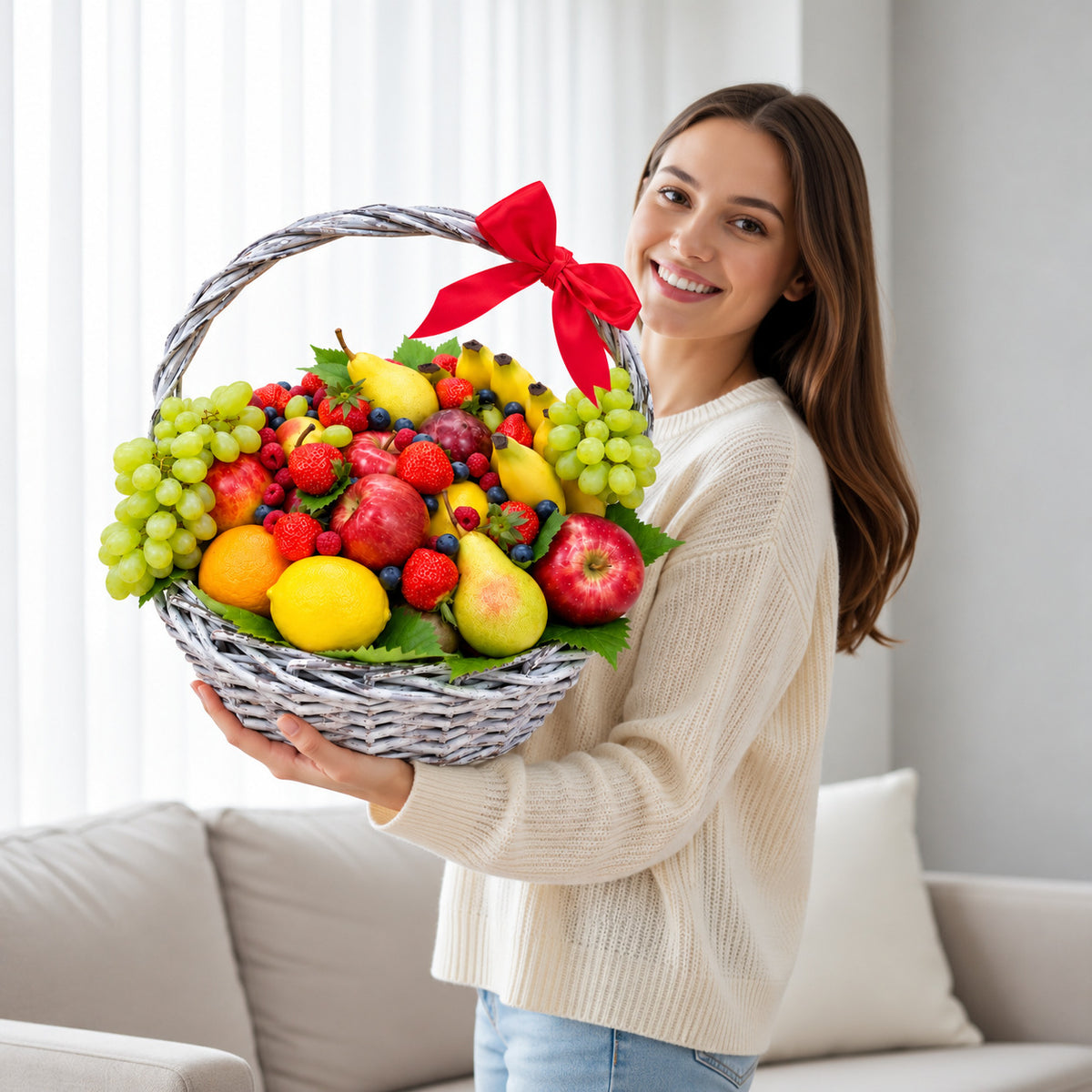 Luxury Fruit Gift Basket held by a model, view 1