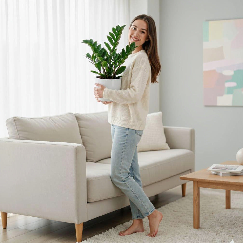 Minimalist ZZ Plant held by a model, view 2