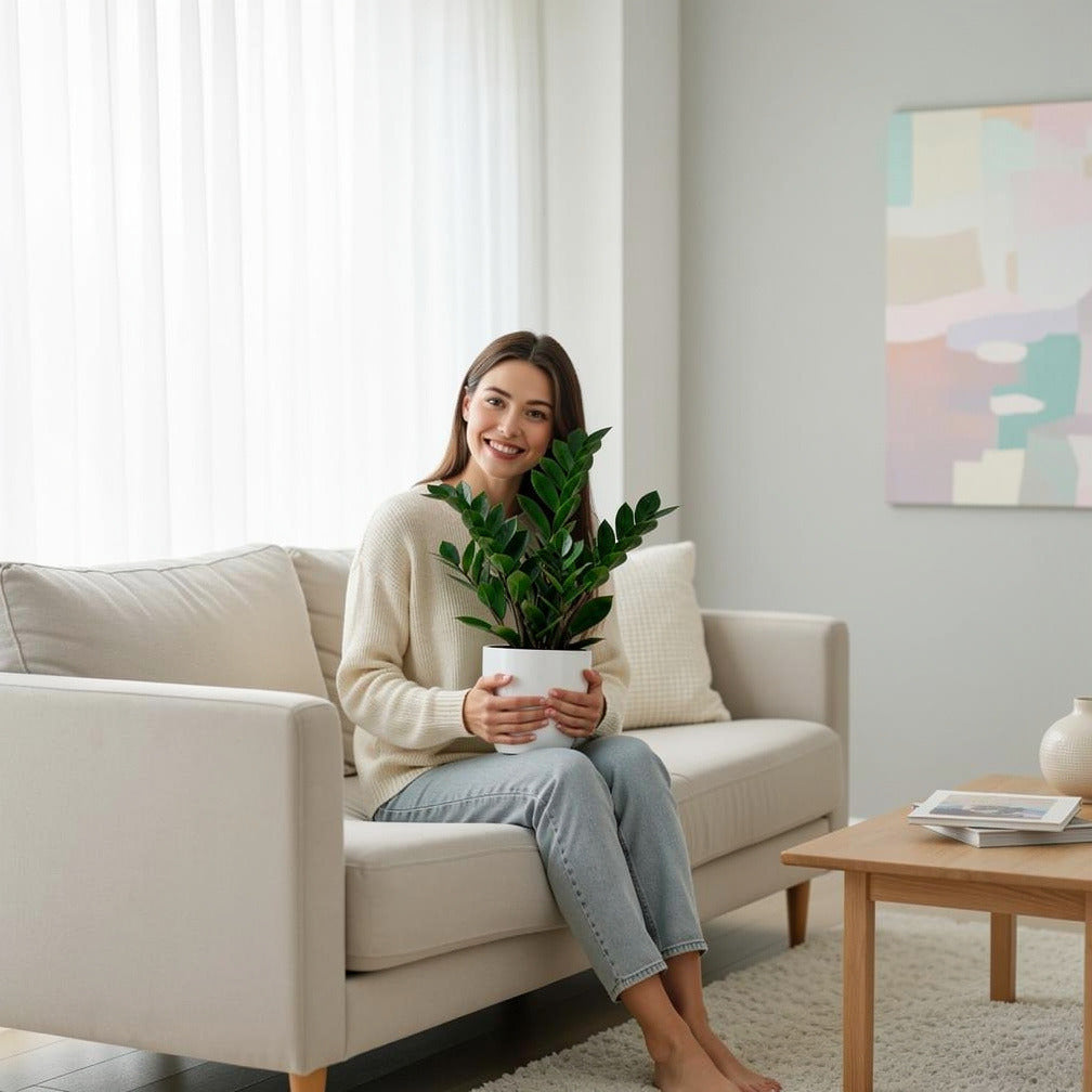 Minimalist ZZ Plant held by a model, view 3