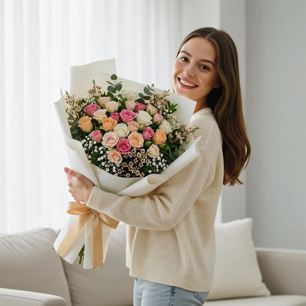Mixed Baby Rose Bouquet held by a model, view 1