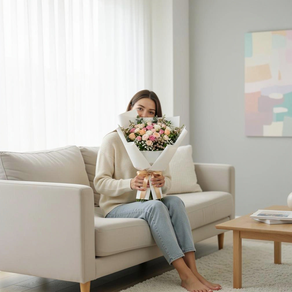 Mixed Baby Rose Bouquet held by a model, view 3