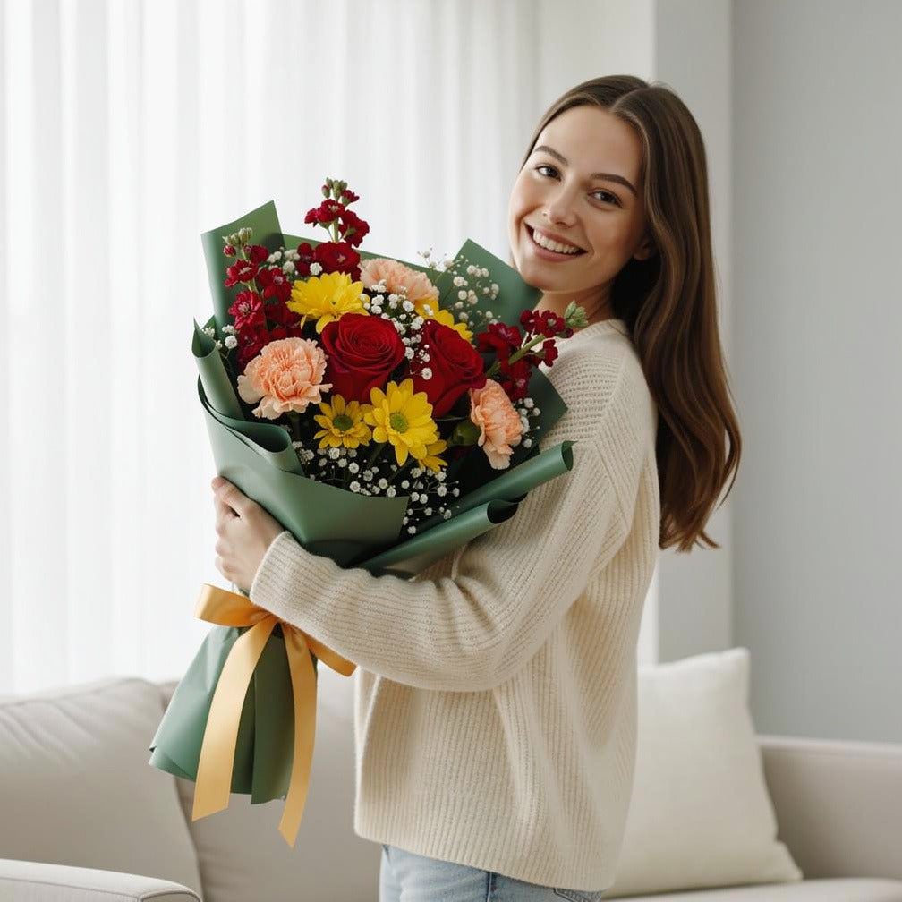 Mixed Blooms Graduation Glory Bouquet held by a model, view 1