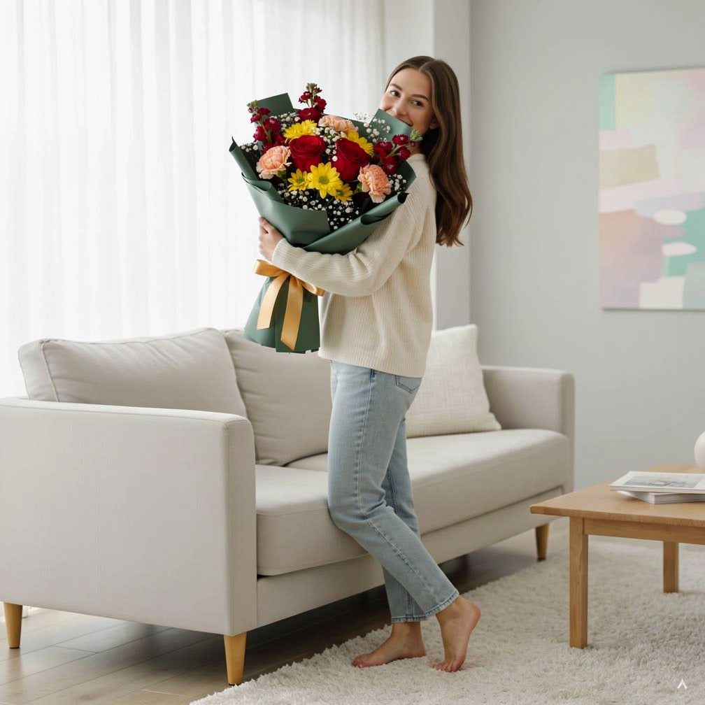 Mixed Blooms Graduation Glory Bouquet held by a model, view 2