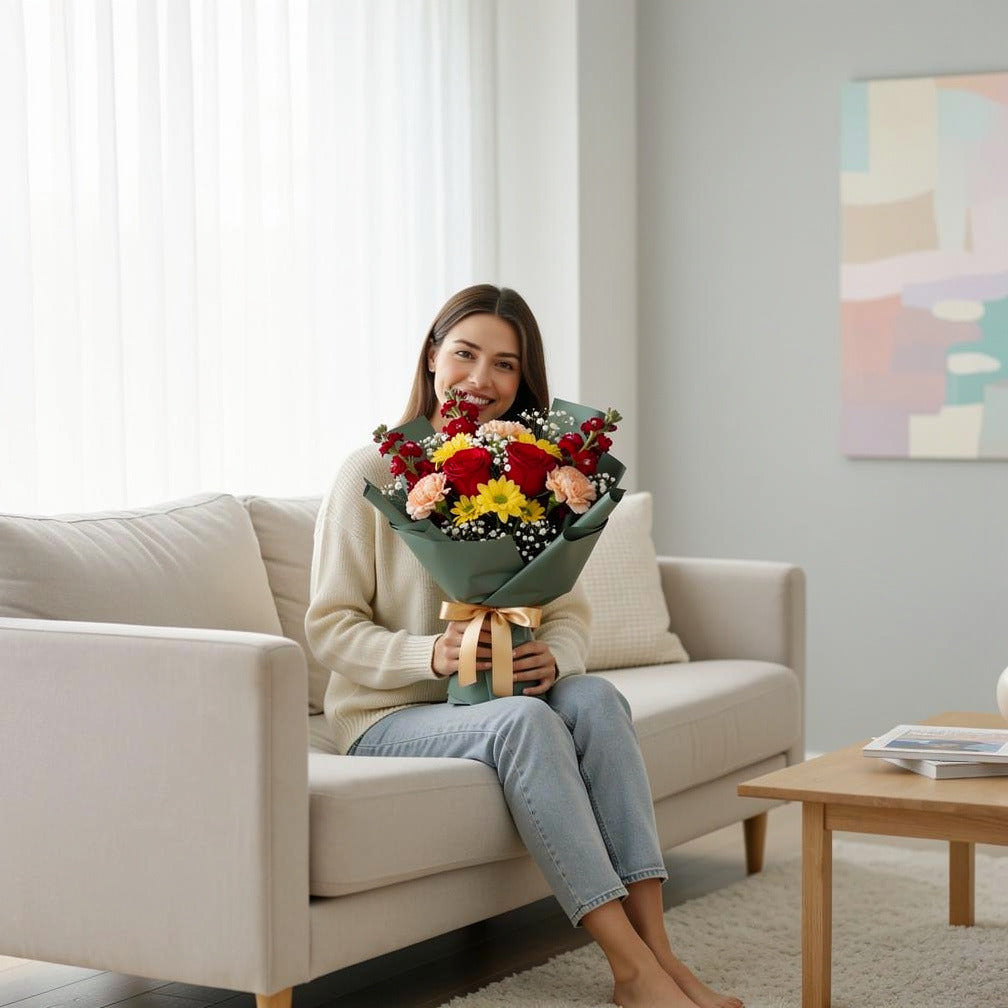 Mixed Blooms Graduation Glory Bouquet held by a model, view 3