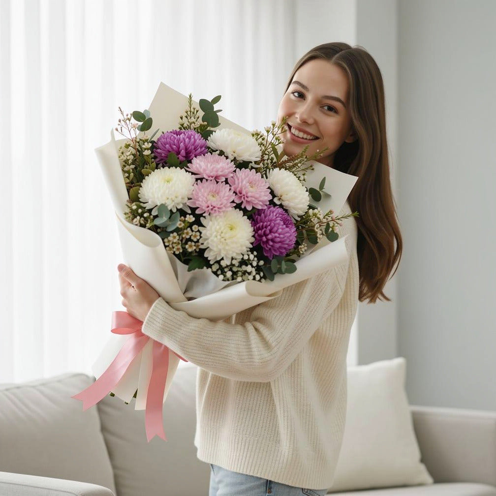 Mixed Chrysanthemum Bouquet held by a model, view 1