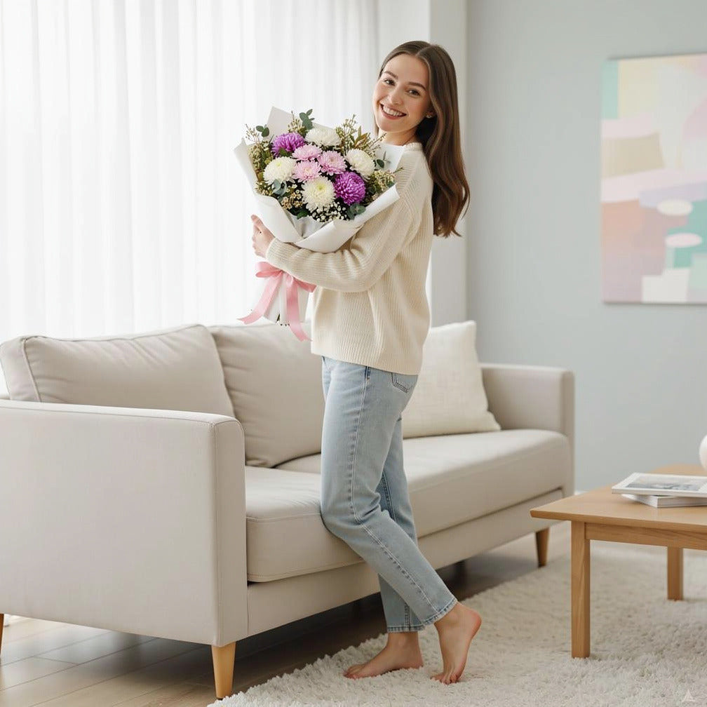 Mixed Chrysanthemum Bouquet held by a model, view 2