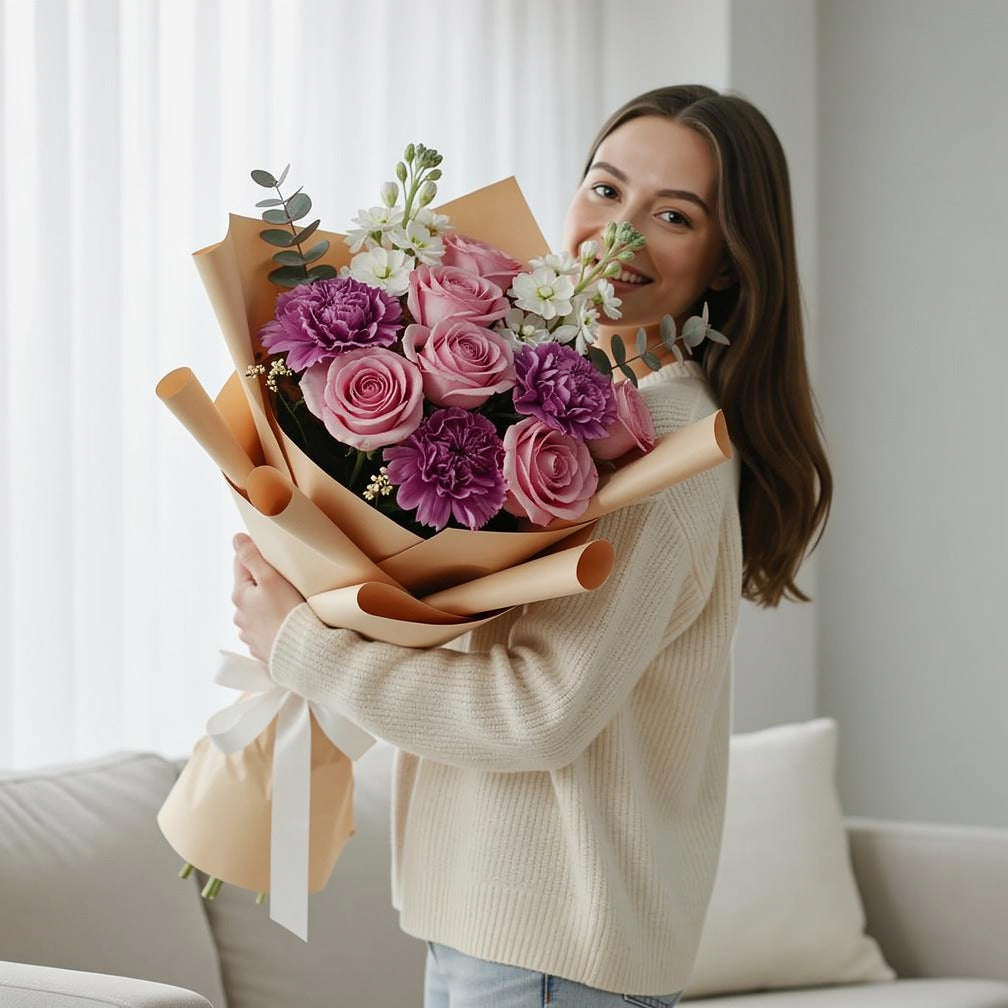 Mixed Flowers & Chocolate Cake Combo held by a model, view 1