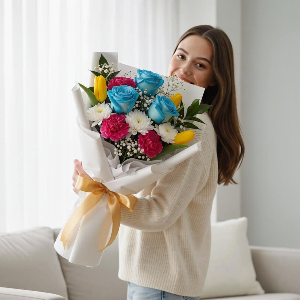 Mixed Flowers Success Bouquet held by a model, view 1