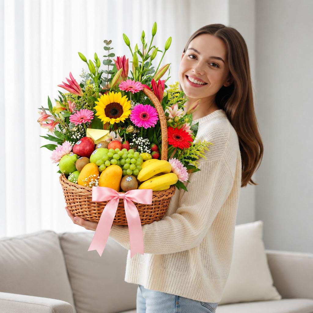 Mixed Fresh Fruit Basket held by a model, view 1