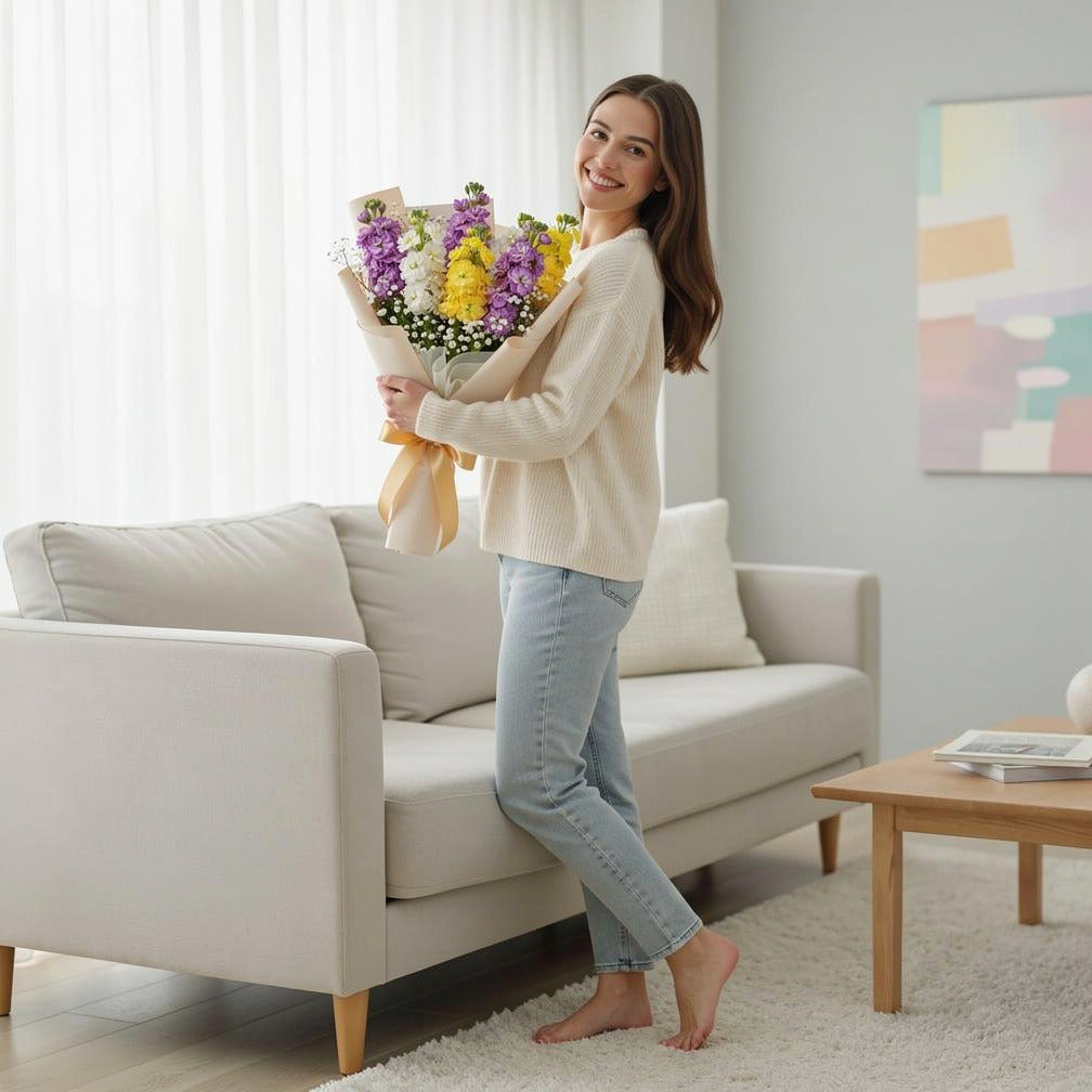 Mixed Matthiola Graduation Achievement Bouquet held by a model, view 2