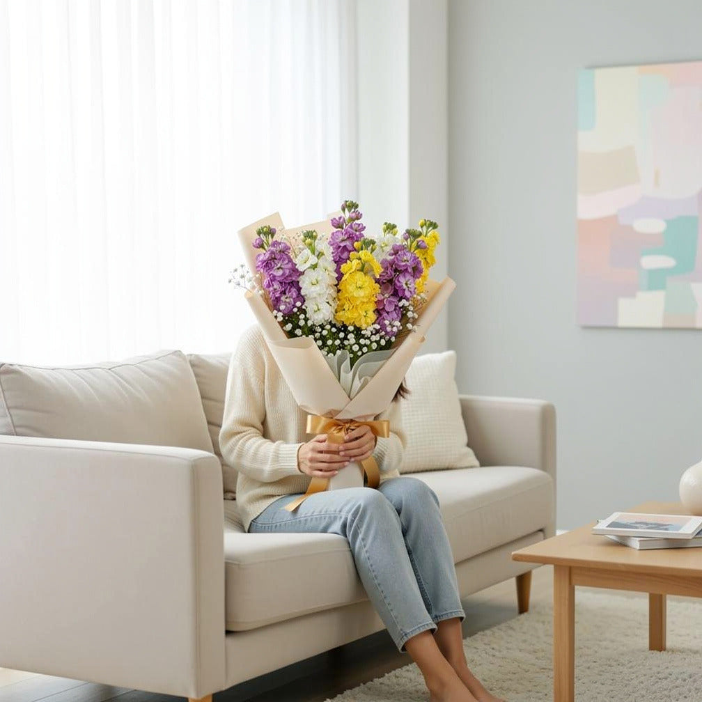 Mixed Matthiola Graduation Achievement Bouquet held by a model, view 3