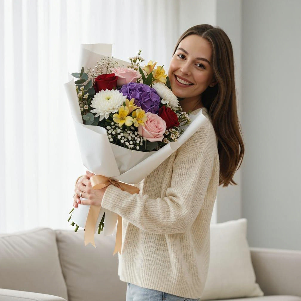 Mixed Rose & Hydrangea Bouquet held by a model, view 1