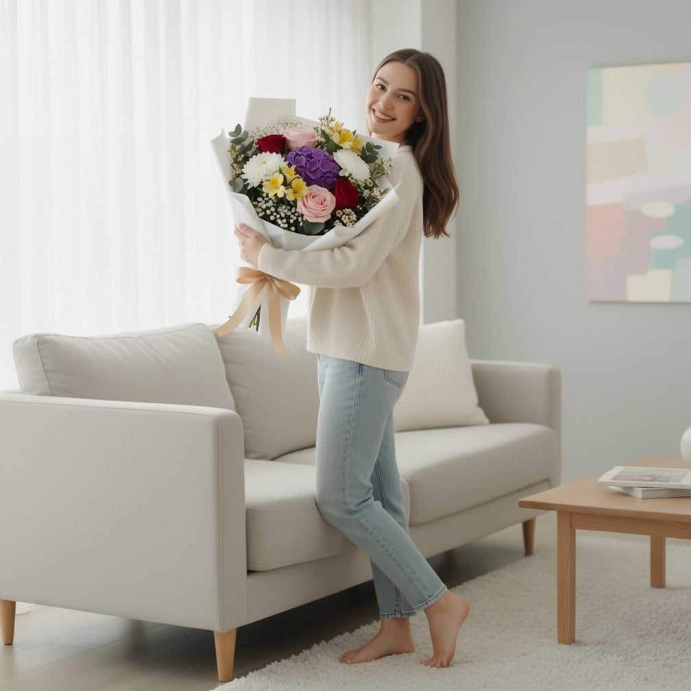 Mixed Rose & Hydrangea Bouquet held by a model, view 2