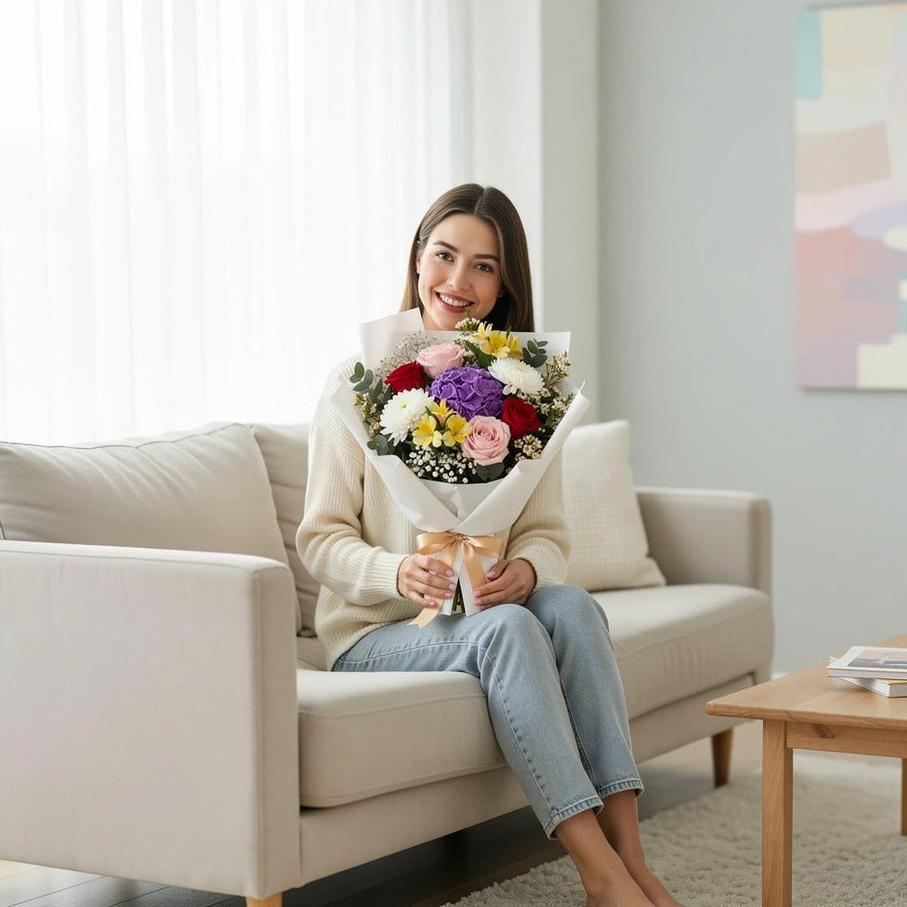 Mixed Rose & Hydrangea Bouquet held by a model, view 3