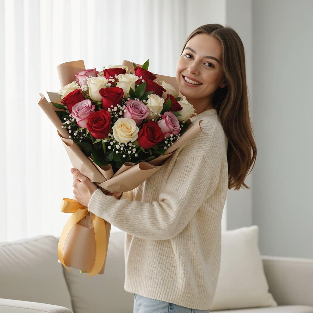 Mixed Roses Happiness Bouquet held by a model, view 1