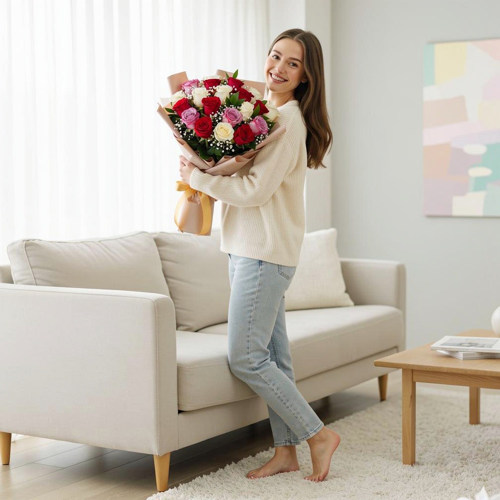 Mixed Roses Happiness Bouquet held by a model, view 2