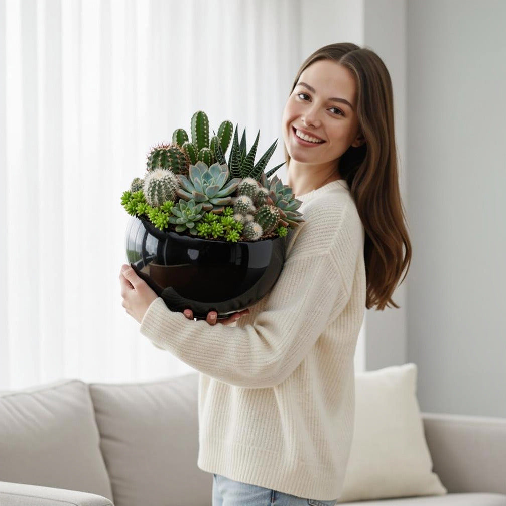 Modern Succulent Garden Pot held by a model, view 1