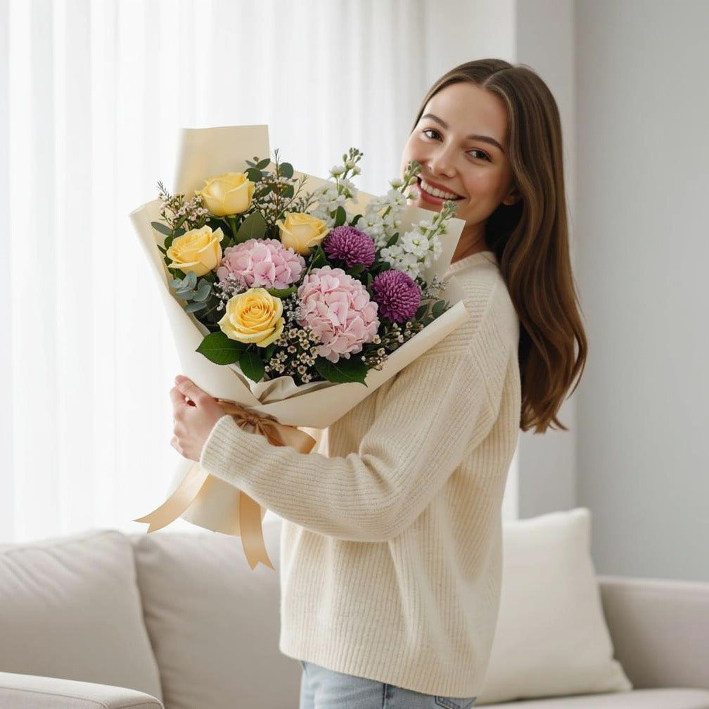 Mother’s Day Bright Yellow Rose & Hydrangea Bouquet held by a model, view 1