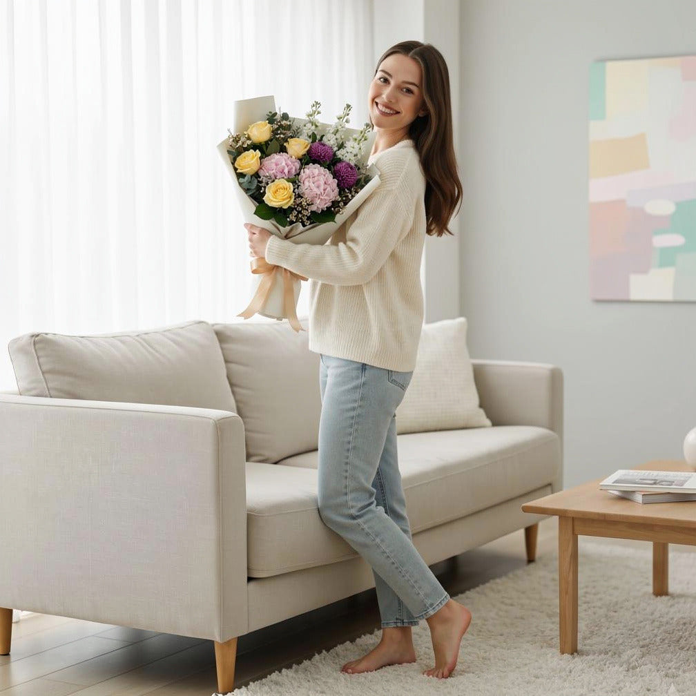 Mother’s Day Bright Yellow Rose & Hydrangea Bouquet held by a model, view 2