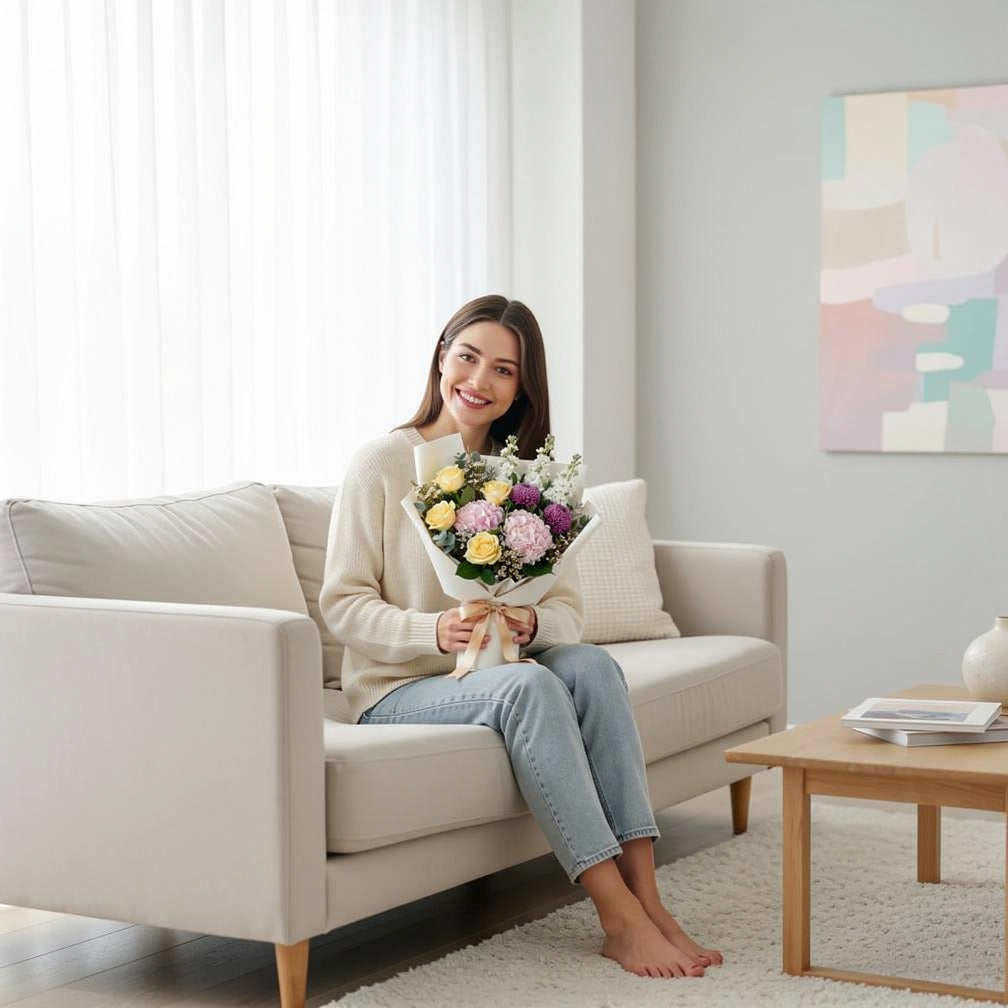 Mother’s Day Bright Yellow Rose & Hydrangea Bouquet held by a model, view 3