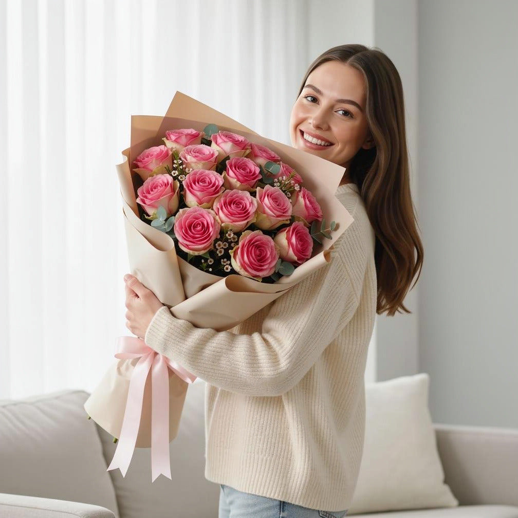 Mother’s Day Elegant Jumliya Pink Rose Bouquet held by a model, view 1